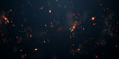 Sparks fly up Glowing particles on a black background and with flames - obrazy, fototapety, plakaty