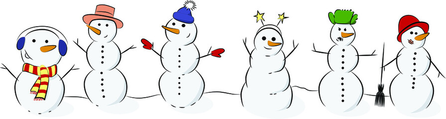 Six snowmen in different clothes with carrot noses. Snowmen in funny hats.