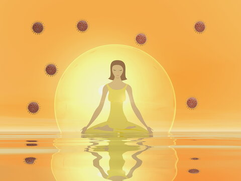Woman meditating in a bubble to protect from corona covid virus by orange sunset - 3D render