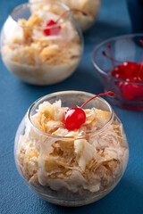  Napoleon cake in a glass bowl. Sweet dessert