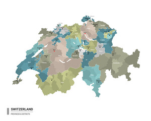 Switzerland higt detailed map with subdivisions. Administrative map of Switzerland with districts and cities name, colored by states and administrative districts. Vector illustration.