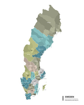 Sweden higt detailed map with subdivisions. Administrative map of Sweden with districts and cities name, colored by states and administrative districts. Vector illustration.