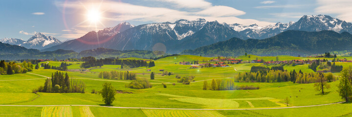 Obraz premium panoramic landscape in Bavaria with mountains and meadow at springtime