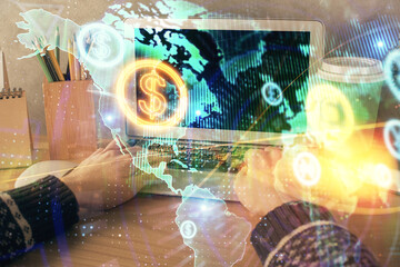 Double exposure of woman hands typing on computer and forex chart hologram drawing. Stock market invest concept.