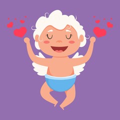 Valentine Cupid love playfully angel. Cute boy or girl cupid. Flying angel love shoots bow hearts.