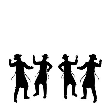 4 Jewish followers hasidic dancing.
Flat vector silhouettes. Black on a white background.
The figures are dressed in long coats and sashes fluttering to the sides as they move