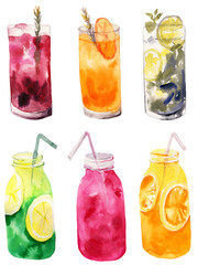 Watercolor illustration set of delicious summer homemade lemonade