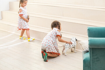 Two little girls playing with a dalmatian puppy on a light floor