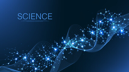 Scientific molecule background for medicine, science, technology, chemistry. Wallpaper or banner with a DNA molecules, DNA digital, sequence, code structure. Vector illustration.