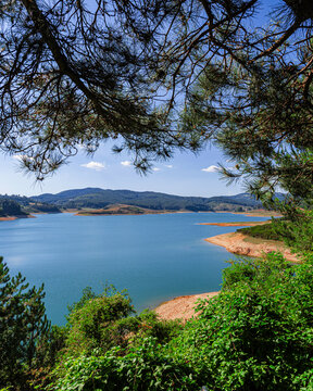 Mountain landscape, lake and mountain range, large panorama