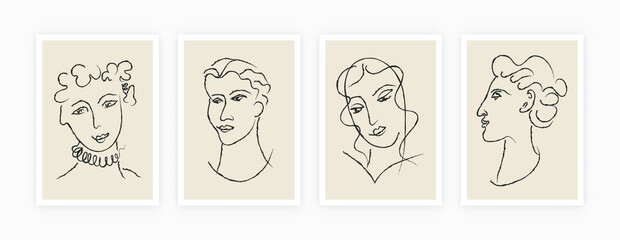 Abstract poster set. Matisse inspired hand drawn portraits, contemporary art for print wall decor mid-century style. Creative vector illustration