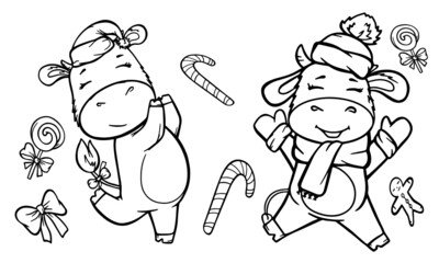 new year set of contour bull characters christmas holiday vector book coloring stroke isolate on white background animal cow cartoon icons hand drawing sketch doodle