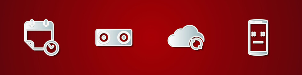 Set Calendar and clock, Stereo speaker, Cloud sync refresh and Dead mobile icon. Vector.