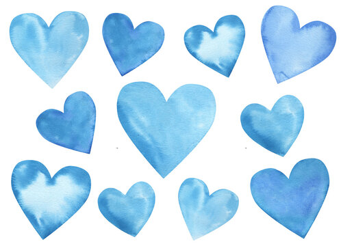 Watercolor set of blue hearts on white background