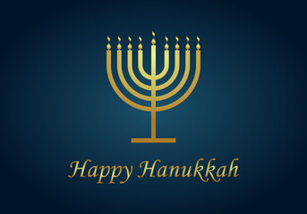 Happy hanukkah. Gold menorah of hanuka on blue background. Jewish chanukah with menora, candles and oil. Card for judaism festival or party. Banner of hannukah. Hebrew illustration with text. Vector