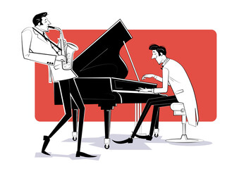 Vector illustration of a Jazz band with saxophon and piano on red background.