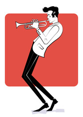 Concept for jazz poster. Man playing trumpet on red background. Sketch style illustration. - 400728356