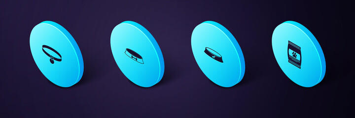 Set Isometric Bag of food for pet, Pet bowl, and Collar icon. Vector.