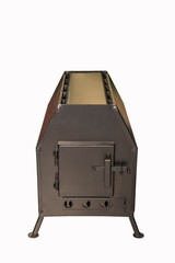 Metal wood stove for heating homes and industrial premises on white background. Interior element