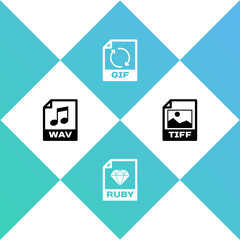 Set WAV file document, RUBY, GIF and TIFF icon. Vector.