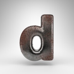 Letter D lowercase on white background. Rusty metal 3D letter with oxidized texture.