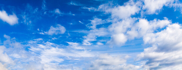 鮮やかな青空に広がる白い雲 積雲と巻雲 背景に青空 パノラマ 日本