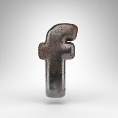 Letter F lowercase on white background. Rusty metal 3D letter with oxidized texture.