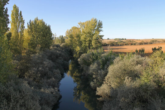 The Valdavia river near the Abanades aqueduct in Castilla, Melgar de Fernamental, Burgos, Spain