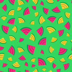 Vector seamless pattern. Concept, summer mood, freshness. triangular slices of watermelon on a green background. For the design of packaging, prints, social networks.
