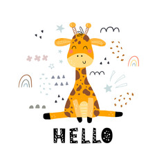 Funny cute scandinavian giraffe cartoon style. Vector print with giraffe. Printable templates. vector print. Perfect for kids apparel, poster, baby shower card. Vector illustration - 400728992