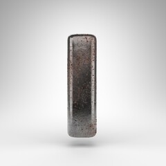 Letter I uppercase on white background. Rusty metal 3D letter with oxidized texture.