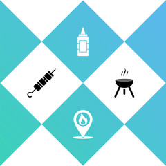 Set Grilled shish kebab, Location with fire flame, Mustard bottle and Barbecue grill icon. Vector.