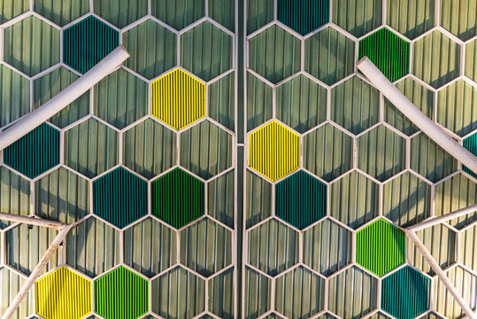 Hexagon roof of the Indian Street, a narrow roofed passageway and shopping mall in the westside city center of Kuching. The city is located in the Malaysian state of Sarawak on Borneo