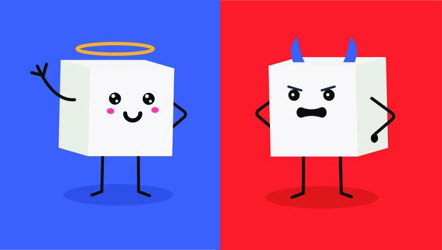 Bad and good effects of sugar. Cute sugar pieces vector illustration