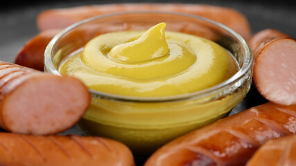 fried sausages and mustard closeup on black plate