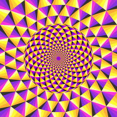 Abstract yellow and purple background from triangles with rotating sphere. Spin illusion.