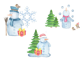 Watercolor hand drawn New Year card with a cute Snowman in the hats, Christmas trees, gift boxes and snow.