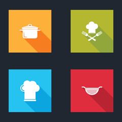 Set Cooking pot, Chef hat and fork, and Kitchen colander icon. Vector.