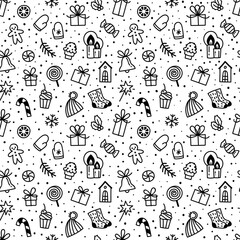 Vector seamless Christmas pattern in doodle style with winter warm clothing, gift boxes, sweets, snow. Can be used for wallpaper, pattern fills, wrapper, textile, web page background, wrapping paper.
