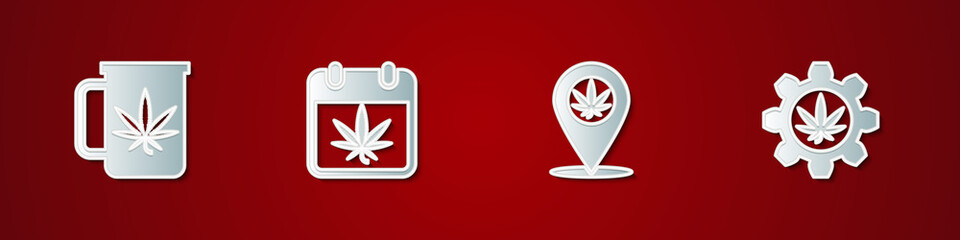 Set Cup tea with marijuana, Calendar and, Location and Test tube icon. Vector.