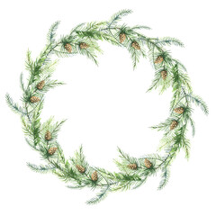 Watercolor wreath of fir twigs with cones, Christmas decorative wreath. perfect for invitations, postcards, posters, banners.