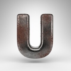 Letter U uppercase on white background. Rusty metal 3D letter with oxidized texture.
