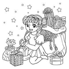 Child with gift box. Girl in angel costume unbox gifts. Holiday coloring book page for adult. Vector hand drawn illustration of cheerful kid with christmas atmosphere. Line art with doodle.