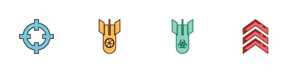Set Target sport, Nuclear bomb, Biohazard and Military rank icon. Vector.