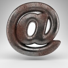 AT symbol on white background. Rusty metal 3D sign with oxidized texture.