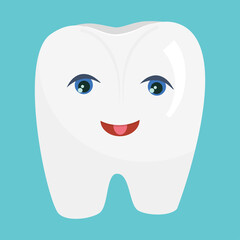 The character White Tooth with eyes and a cartoon-style smile is isolated on a blue background. Vector illustration for dentists, clean and healthy tooth..