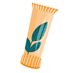 Tube of toothpaste in cartoon style isolated on white background. Toothpaste for cleaning teeth and oral cavity, morning hygiene. On the tube is a branch with mint leaves..