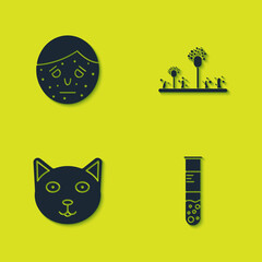 Set Face with psoriasis or eczema, Test tube and flask, Pet and Mold icon. Vector.