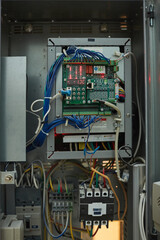 Background image of open electrical switchboard or security system board inside HUB, copy space