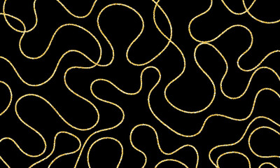 Doodle gold lines pattern. Abstract golden line on black background. Continuous line.